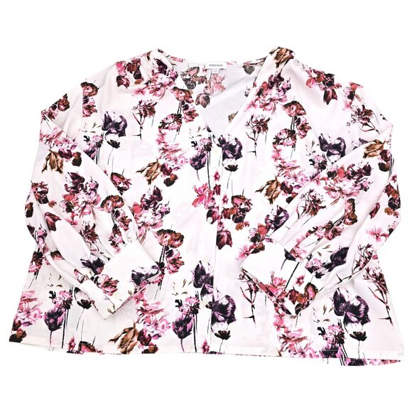 Nordstrom Floral V-Neck Long Sleeve Blouse Womens 1X Lightweight Ivory & Pink - Picture 8 of 16